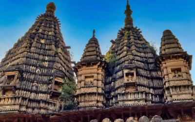 Intricate carvings on the spires of an ancient Bundelkhand-style temple